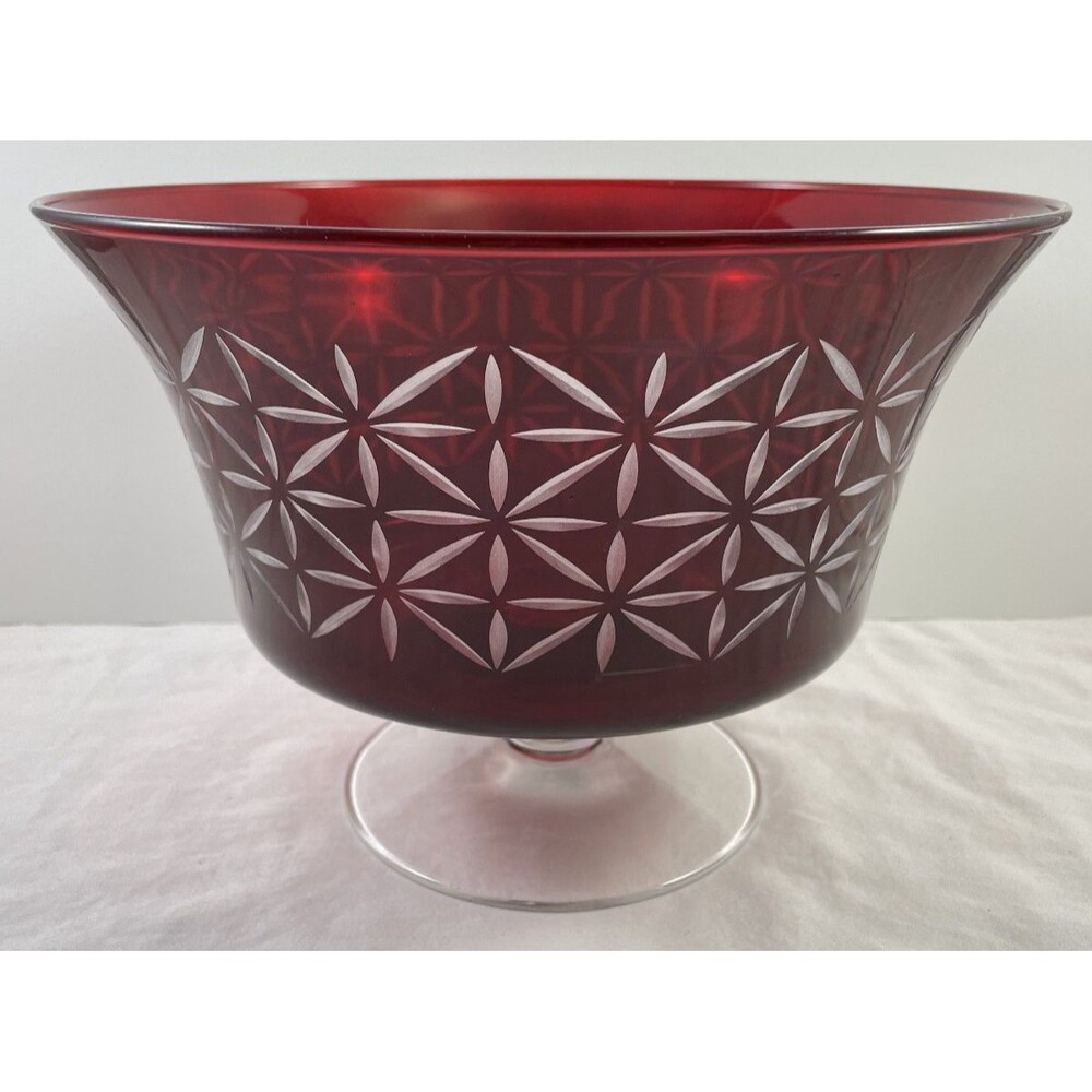 PartyLite Ruby Red Clear Pedestal Bowl Etched Centerpiece Glass Poland